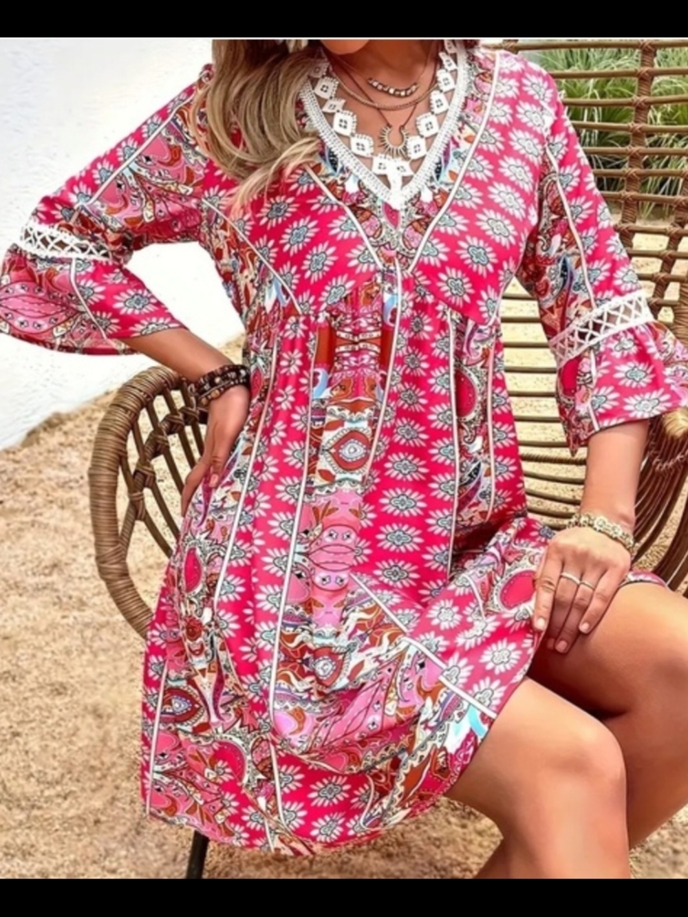 Kara and Kate Pink Blue Floral Paisley Crochet Trim Flowy Tunic Dress NWOT Large - Picture 2 of 8